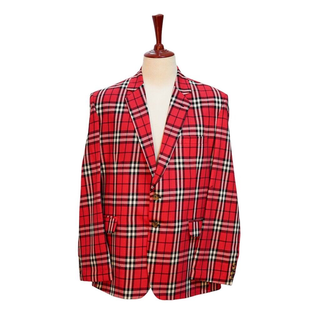 Mens Wool Sport Coat 44R Red Black White Tartan Plaid Blazer 2 Button Classic